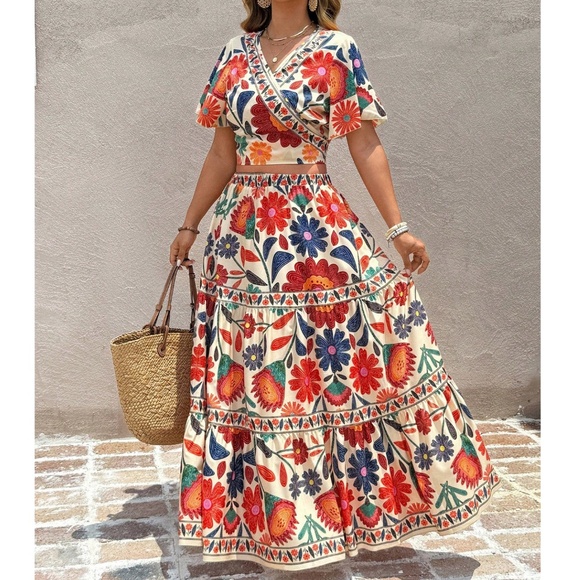 Plus Colorful Floral print Crop Top Maxi Skirt Set - Picture 2 of 5